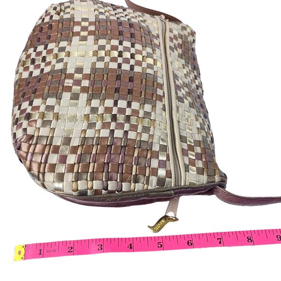 Sharif Metallic Gold Woven LEATHER HANDBAG Plaid Shoulder Crossbody Bag Tassel - Picture 12 of 13